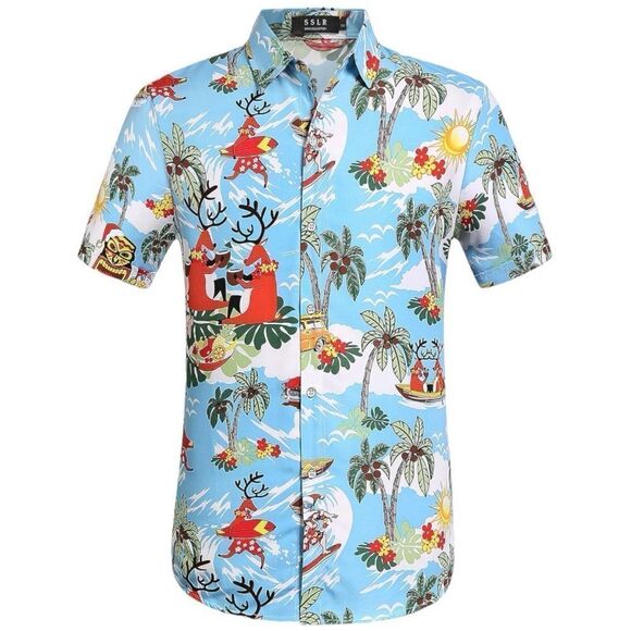 SSLR Men's Santa Claus Party Tropical Ugly Hawaiian Christmas Shirts - Picture 2 of 11